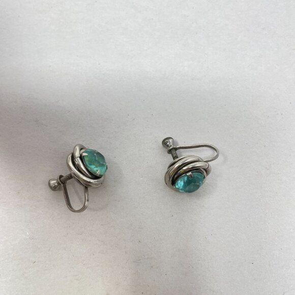 Vintage Silver-Tone Brooch & Earring Set Aqua Stones Leaves Floral Spray‎ Retro - Picture 7 of 11